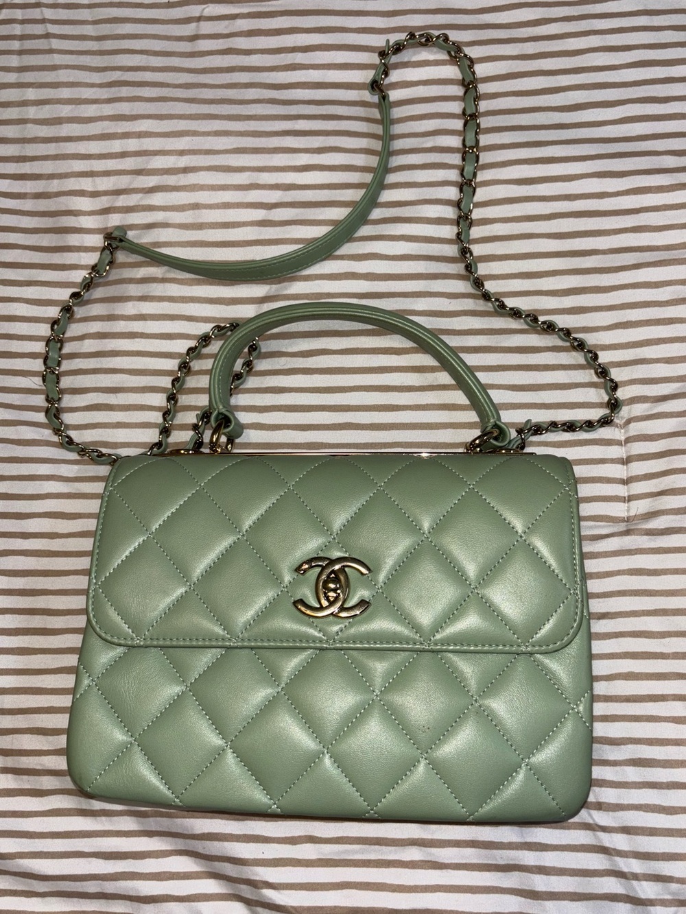 Authentic Chanel Coco Handle Flap Bag Mint Green Lambskin Light Gold Hardw